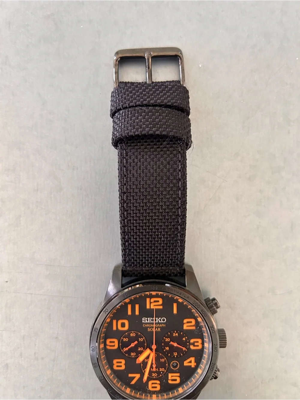 Seiko Men's Black Strap Watch with Orange Accents
